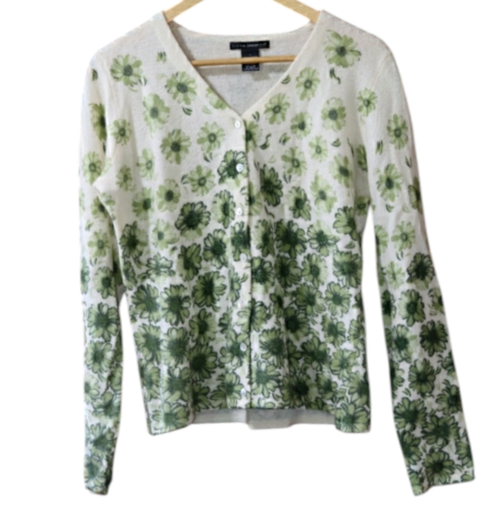 Sarah Spencer Green and Cream Cardigan with Botanical Floral Print NWT LG